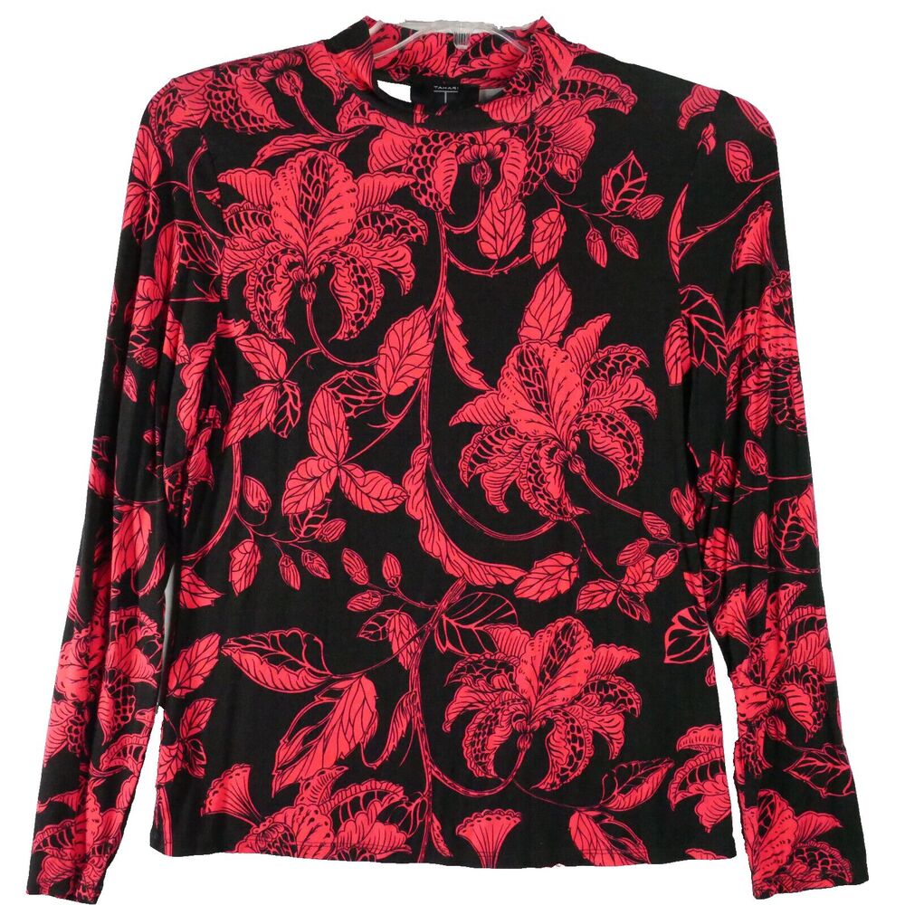 T Tahari Women's Size L Black Red Long Sleeve Floral Print Mock Neck Top